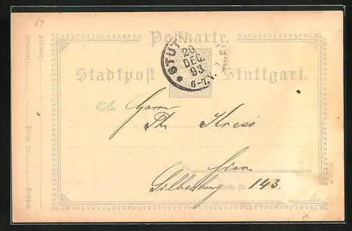 AK Stuttgart, 1893, Mitteilungskarte der Privaten Stadtpost, Adressiert an P. Kress