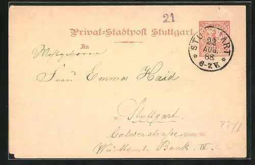 AK Stuttgart, 1888, Mitteilungskarte der Privaten Stadtpost, Adressiert an Emma Hais
