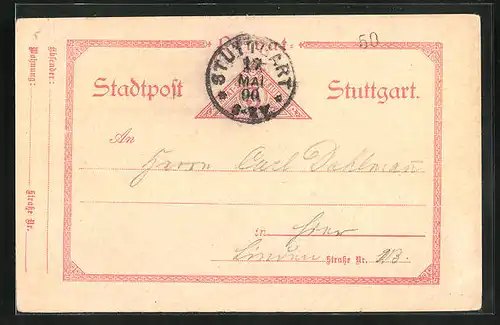 AK Stuttgart, 1890, Mitteilungskarte der Privaten Stadtpost, Adressiert an Dahlman
