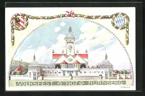 Künstler-AK Nürnberg, Volksfest 1907, Festhalle, PP 15 C 131 / 01