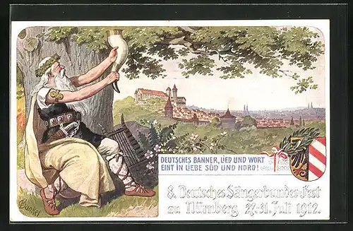 Künstler-AK Nürnberg, 8. Deutsches Sängerbundes-Fest 1912m Sünger mit Lyra und Horn am Stadtrand, Wappen