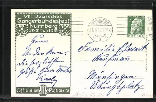 Künstler-AK Nürnberg, 8. Deutsches Sängerbundes-Fest 1912m Sünger mit Lyra und Horn am Stadtrand, Wappen