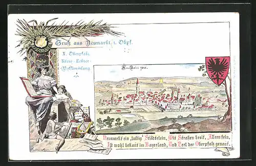 Künstler-AK Neumarkt i. Obpf., X. Oberpfälz. Kreis-Lehrer-Versammlung, Stadtansicht um 1610, PP15 D 48