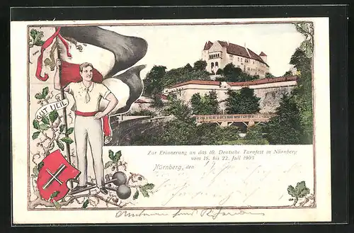 AK Nürnberg, 10, Deutsches Turnfest 1903, Sportler mit Flagge und Wappen Gut Heil, Schloss-Ansicht, PP 15 C 58 /02