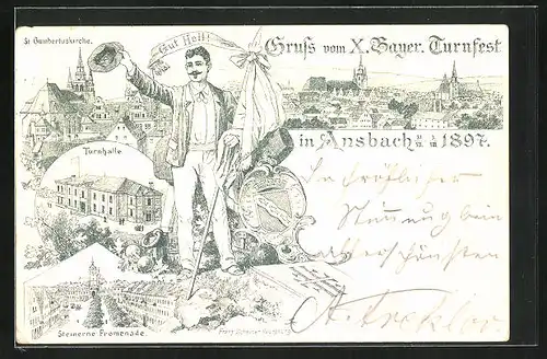 Lithographie Ansbach, X. Bayer. Turnfest 1897, St. Gumbertuskirche, Steinerne Promenade, Sportler mit Wappen, PP 7 C 2