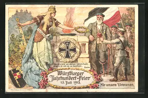 Künstler-AK Würzburg, Jahrhundert-Feier 1813-1913, Für unsere Veteranen, Eisernes Kreuz und Göttin, PP27 C 105 /01