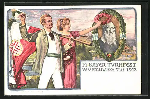 Künstler-AK Würzburg, 14. Bayer. Turnfest 1912, Sportlerpaar mit Flagge und Blumenkranz, Turnvater Jahn, PP27 C 62 /03