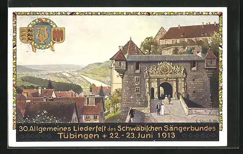 Künstler-AK Tübingen, 30. Allg. Liederfest des Schwäbischen Sängerbundes 1913, Stadtansicht und Wappen, PP27 C 186 /02