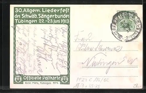 Künstler-AK Tübingen, 30. Allg. Liederfest des Schwäbischen Sängerbundes 1913, Stadtansicht und Wappen, PP27 C 186 /02