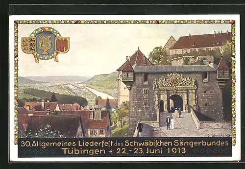 Künstler-AK Tübingen, 30. Allg. Liederfest des Schwäbischen Sängerbundes 1913, Stadtansicht und Wappen, PP27 C 186 /02