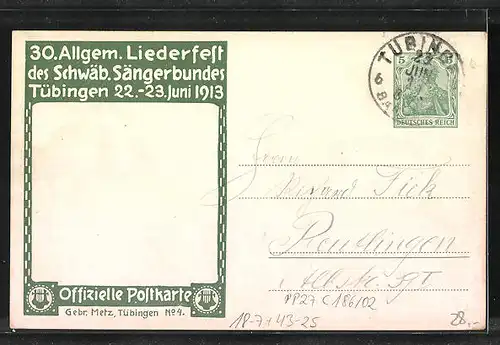 Künstler-AK Tübingen, 30. Allg. Liederfest des Schwäbischen Sängerbundes 1913, Stadtansicht und Wappen, PP27 C 186 /02