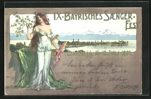 Lithographie Lindau i. B., IX. Bayrisches Sängerfest 1904, Göttin mit Lyra am Bodensee-Ufer, PP 15 C 64