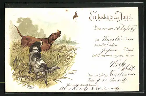 Lithographie Einladung zur Jagd, zwei Jagdhunde bellen Federvieh an