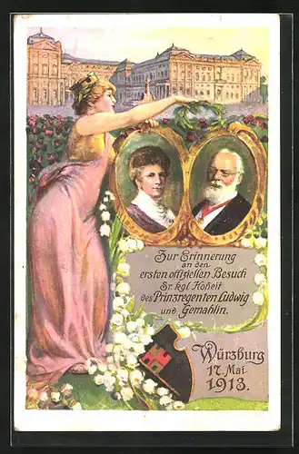 Künstler-AK Würzburg, Portraits Prinzregent Ludwig und Gemahlin, Schloss und Wappen, PP 27 C 94