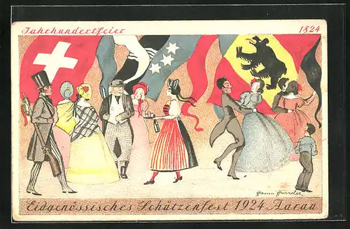 Künstler-AK Aarau, Eidgen. Schützenfest 1924 & Jahrhundertfeier 1924-1924, Paare verschiedener Nationen beim Tanzen