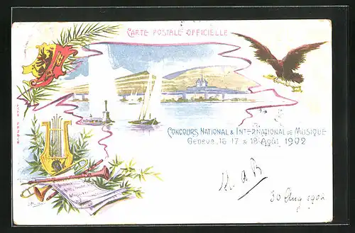 Lithographie SängerfestGenéve, Concours National & International de Musique 1902, Stadtansicht mit Segelboot auf dem See