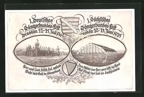AK Dresden, 1. Deutsches Sängerbundesfest 1865 & 1. Sächs. Sängerbundesfest 1925, Festhallen damals und heute