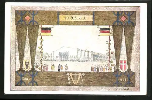 Künstler-AK Wien, 10. Deutsches Sängerbundesfest 1928, Festhalle und Wappen