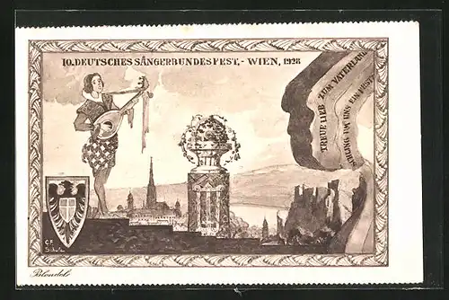 AK Wien, 10. Deutsches Sängerbundesfest 1928, Sänger mit Gitarre, Stadtansicht, Wappen und Flagge