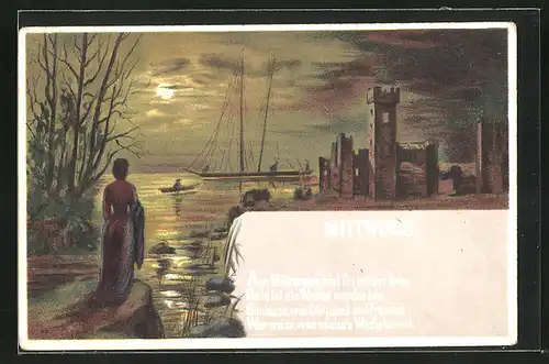 Lithographie Gedicht Mittwoch, junge Frau blickt auf ein Segelschiff bei Sonnenuntergang