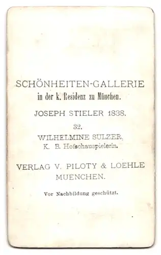 Fotografie Piloty & Loehle, München, Schauspielerin Wilhelmine Sulzer, Schönheiten Gallerie der k. Residenz München