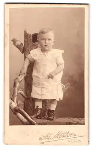 Fotografie A.S.Möller, Nexö, kleines Kind mit Spitzenkragen auf Baumstamm stehend