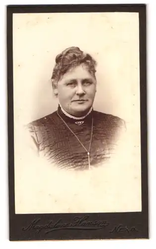Fotografie Joh. Hansen, Nexö, Ferskesögade, Portrait beleibte Dame mit hochgestecktem Haar