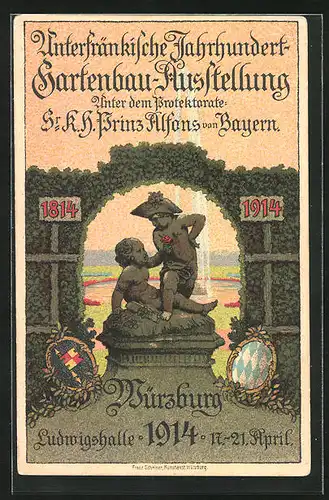 Künstler-AK Würzburg, Unterfränkische Jahrhundert-Gartenbau-Ausstellung 1914, Denkmal, Ganzsache Bayern