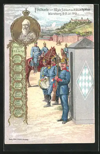 Künstler-AK Würzburg, 100 jähriges Jubiläum des K. B. 9 Inf. Rgt. Wrede, Luitpold Prinzregent von Bayern, PP15 C54 /01