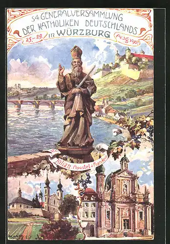 Künstler-AK Würzburg, 54. Generalversammlung der Katholiken Deutschlands 1907, Ganzsache Bayern, PP15 C139
