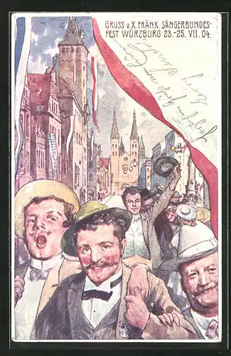 Künstler-AK Würzburg, X. Fränk. Sängerbundesfest 1904, Sänger auf der Strasse, Ganzsache Bayern, PP15 C 67 /02