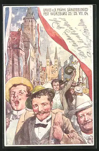 Künstler-AK Würzburg, X. Fränk. Sängerbundesfest 1904, Sänger auf der Strasse, Ganzsache Bayern, PP15 C 67 /02