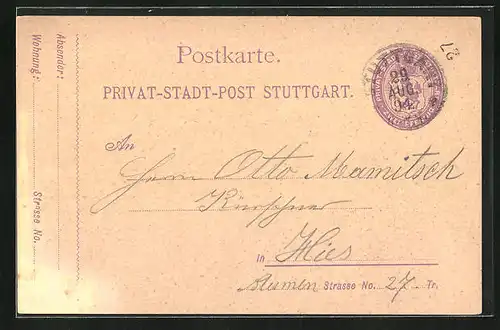 Vorläufer-Lithographie Stuttgart, Private Stadtpost, 1894, Ganzsache