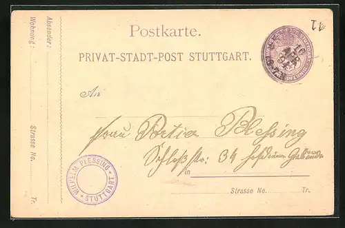 Vorläufer-Lithographie Stuttgart, Private Stadtpost, 1894, Ganzsache