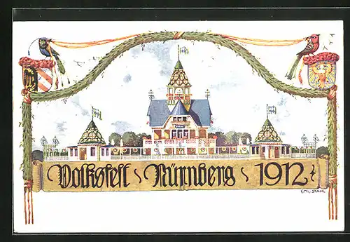 Künstler-AK Nürnberg, Volksfest 1912, Festhalle, Ganzsache Bayern, PP27 C43 /01