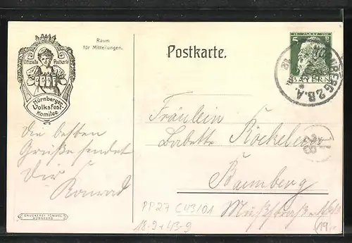 Künstler-AK Nürnberg, Volksfest 1912, Festhalle, Ganzsache Bayern, PP27 C43 /01