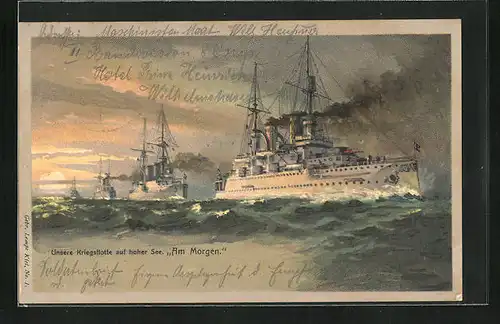 AK Kriegsflotte auf hoher See am Morgen