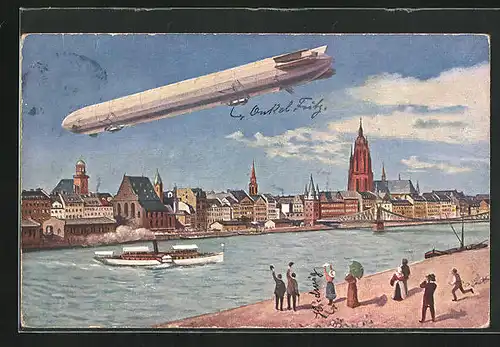 AK Frankfurt a. M., Internationale Luftschiffahrts-Ausstellung, Zeppelin über dem Main