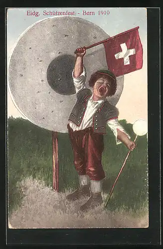 Künstler-AK Bern, Eidg. Schützenfest 1910, Knabe vor Zielscheibe