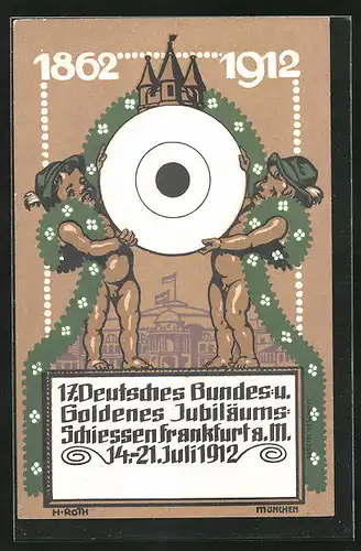 AK Frankfurt a. Main, 17. Deutsches Bundes- u. Goldenes Jubiläums-Schiessen 1912, Nackte Knaben mit Zielscheibe