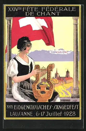 Künstler-AK Lausanne, XXIV. Eidg. Sängerfest 1927, Dame mit Lyra