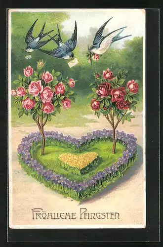 AK Blumenbild mit Schwalben und diversen Blumen