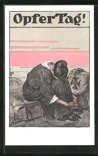 AK Trauernde Frau am Ehrenmal, Opfertag 1917, Rotes Kreuz