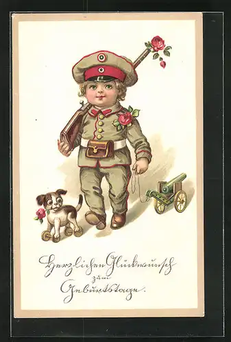 Künstler-AK Kleiner Soldat in Uniform mit Spielzeug