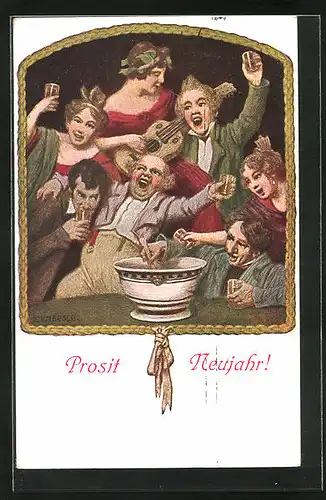 Künstler-AK G. Hirth`s Verlag, Serie VII, 2: Feiernde trinken Sylvesterbowle, Neujahrsgruss