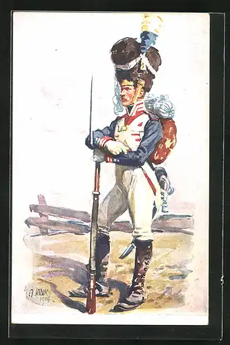 Künstler-AK Angelo Jank: Soldat in Uniform mit Gewehr, Hunderjahr-Feier des K. B. Infanterie-Leibregiments 1914