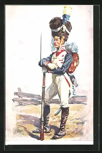 Künstler-AK Angelo Jank: Soldat in Uniform mit Gewehr, Hunderjahr-Feier des K. B. Infanterie-Leibregiments 1914