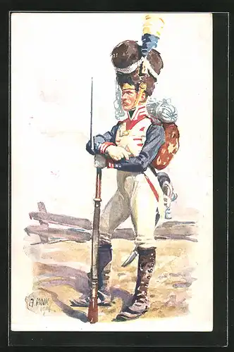 Künstler-AK Angelo Jank: Soldat in Uniform mit Gewehr, Hunderjahr-Feier des K. B. Infanterie-Leibregiments 1914