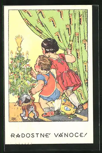 Künstler-AK M. Fischerova-Kvechova (MFK): Radostnie Vanoce!, Weihnachtsgruss, Kinder sehen den geschmückten Christbaum