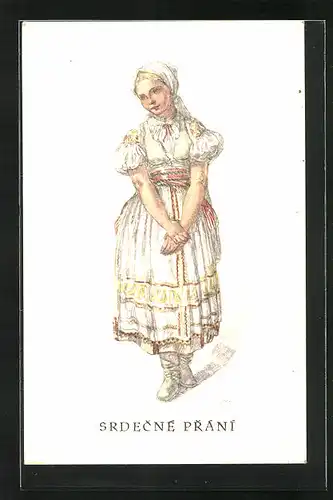 Künstler-AK M. Fischerova-Kvechova (MFK): Srdecne Prani, Maid im schmucken Kleid